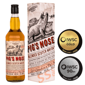 Пигс Ноз бленд скоч уиски с етикет и кутия, златист цвят, награди IWSC.
