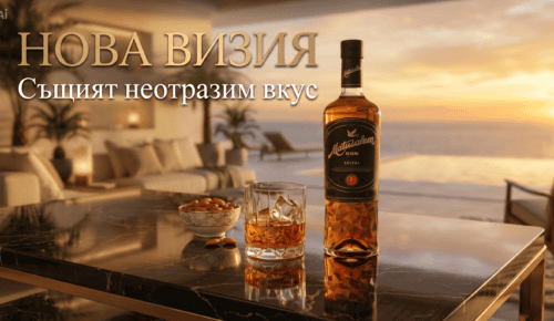 Бутилка и чаша с алкохол на морски залез, луксозен дизайн.