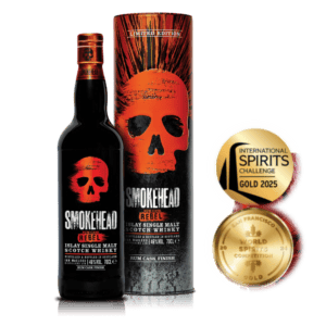 Smokehead Rebel Islay Single Malt with skull logo and awards.
