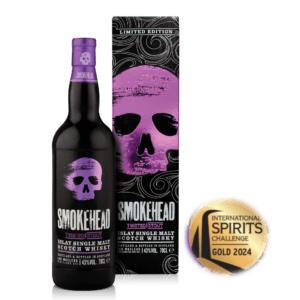 Limited edition Smokehead Single Malt whisky bottle with skull design.